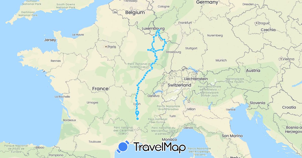 TravelMap itinerary: boat in Germany, France (Europe)